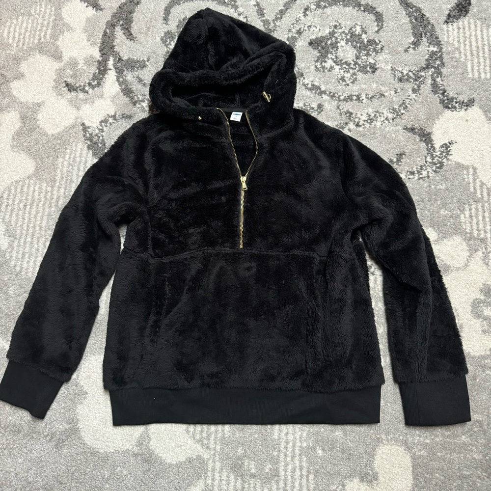 Old Navy Faux Fur Soft Fluffy Winter 1/4 Zip Gold Accent Pullover Hoodie Jacket